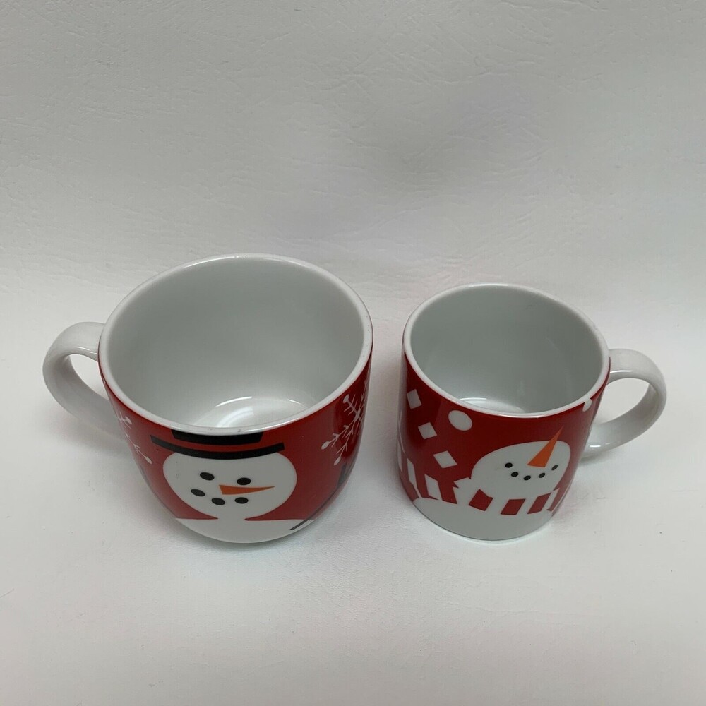 Crate & Barrel Cups Red White Snow Snowman Porcelain Made in Bangladesh Lot of 2 - Picture 2 of 8